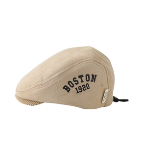 Kids beige faux suede newsboy cap with Boston 1920 embroidery and adjustable drawstring