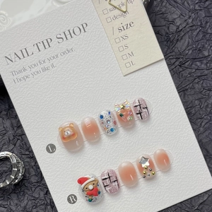 Handmade press-on nails with cute 3D bears, pink gradient and chic black plaid patterns