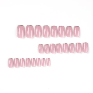Pink jelly press-on nails with silver glitter French tips in square round shape