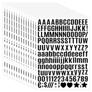 Detailed stack of 12 sheets black waterproof alphabet and number stickers for scrapbooking