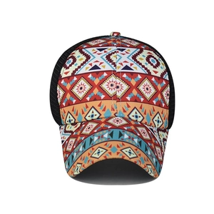 Detailed view of colorful ethnic geometric print and black breathable mesh on baseball cap