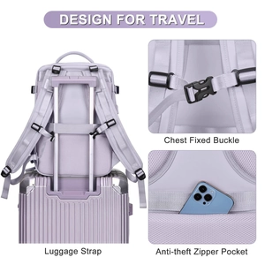 Detail of travel backpack with luggage strap, chest buckle and anti-theft zipper pocket