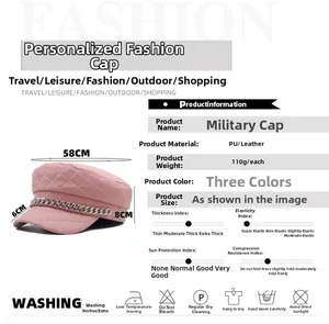 Detailed size chart for pink quilted PU leather baker boy hat with silver chain