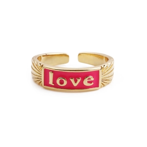 Detail of pink enamel LOVE letter inlay on adjustable gold-plated copper ring
