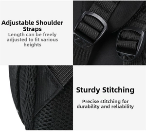 Detail of adjustable nylon straps and reinforced stitching on a black travel backpack