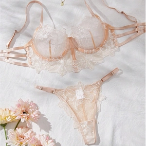 Detailed close-up of floral embroidery on a sheer champagne lace lingerie set