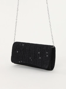 Sparkly black glitter evening clutch bag with pleated design and silver chain strap
