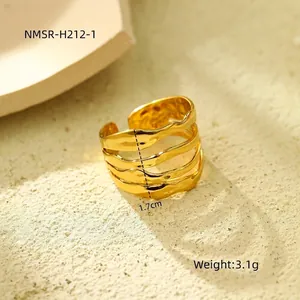 Detailed macro view of 18K gold plated multi-layer wave ring with 1.7cm width