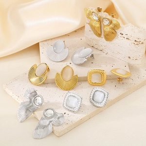 Vintage Stainless Steel Square Fan Earrings For Women Gold Silver Plated Rhinestone Artificial Cat Eye Stone Stud Earrings