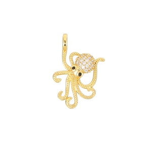 Exquisite 14K gold octopus charm pendant with sparkling crystals and black gemstone eyes