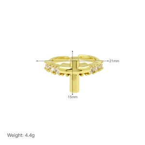 Detail view showing dimensions of the gold cross ring with cubic zirconia accents
