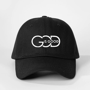 Classic black baseball cap with white God Is Good embroidery and curved brim design