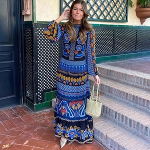 Ethnic print maxi dress with stand collar and long sleeves in a vintage blue pattern