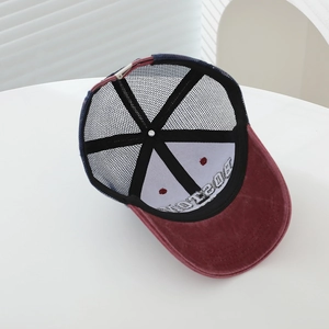 Kids baseball cap with BOSTON embroidery, burgundy suede brim and navy mesh back
