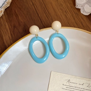French retro oil painting style beige and blue polka dot acrylic drop earrings