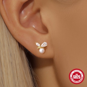 Elegant S925 sterling silver butterfly stud earrings with drop zircons and pearls