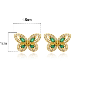 Detail view of gold butterfly stud earrings with green zircon crystals and 1.5cm dimensions