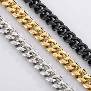 Detailed comparison of 13mm Cuban link chains in polished gold, silver, and black finishes