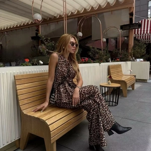 Top Senza Maniche Con Lacci Con Stampa Leopardata E Pantaloni A Gamba Larga Donna Poliestere Moda Estate Sexy