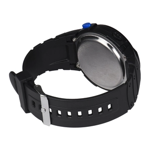 Detailed back view of a black sports watch with silicone strap and steel case back