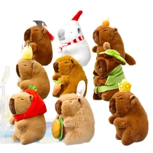 Cute capybara plush toy keychains set with various fun hats and food accessories
