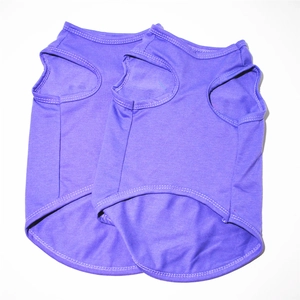 Detail of two purple sleeveless pet vests in breathable knit fabric for small dogs