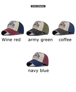 Detail view of washed cotton baseball caps with vintage motorcycle print and metal buckle