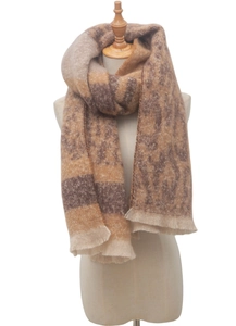 Detailed view of the leopard print jacquard scarf featuring fringe and soft texture