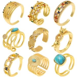 Adjustable Women Ring 18K Gold Plated Copper Micro Pave Zircon Rainbow Geometric Leopard Animal Bohemian Fashion Jewelry