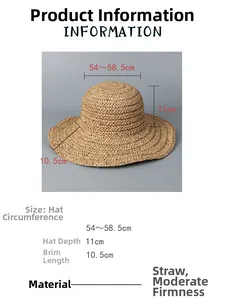 Size details of the hand-woven paper straw sun hat with measurements and material specifications
