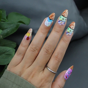 Ice Cream Press On Nails Long Stiletto Fake Nails With Glue Colorful Candy Sweet Cartoon Manicure Nail Tips For Women