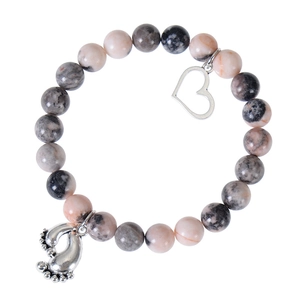 Pink zebra stone bracelet for new moms with silver baby footprint and heart charms