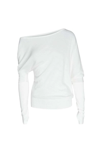 Detail of white asymmetric off-shoulder knit sweater with ribbed cuffs and hem design
