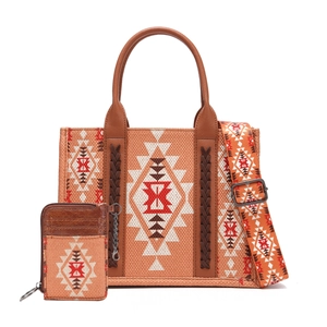 Ethnic geometric pattern canvas tote bag set with matching wallet and leather straps