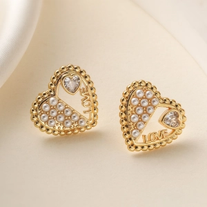 18K gold plated heart stud earrings with pearls, zircons and LOVE engraving for women