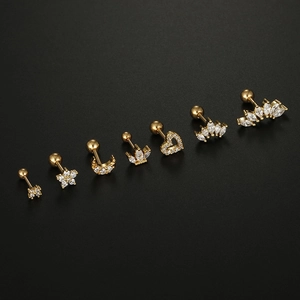 Golden 16G stainless steel cartilage earrings with heart and crown zircon designs