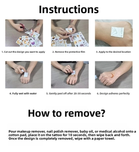 Detailed guide showing 6 steps for applying and removing cowboy cartoon temporary tattoos