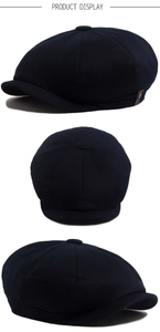Detailed views of a dark blue cotton newsboy cap showing side and back textures