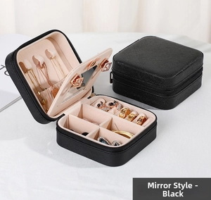 Boîte à bijoux portable en cuir PU noir avec miroir et compartiments de rangement internes