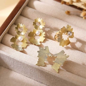 Jasmine Flower Wing Earrings And Ring Accessories Copper 18K Gold Plated Artificial Pearl Vintage Elegant Women Jewelry
