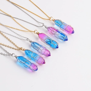 Multiple hexagonal blue pink crystal column pendant necklaces with gold and silver chains