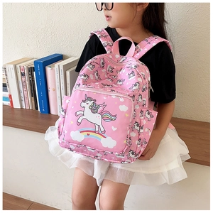 Pink unicorn backpack with rainbow prints featuring side mesh pocket and zip front pocket