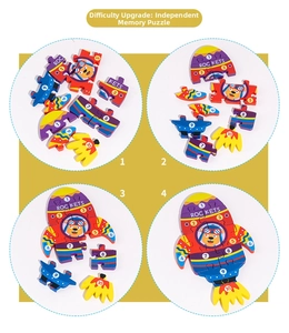 Step-by-step assembly of a wooden 3D rocket puzzle with numbers for early learning