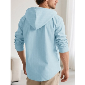 Rear view of light blue long sleeve hooded linen shirt with vertical stripe texture
