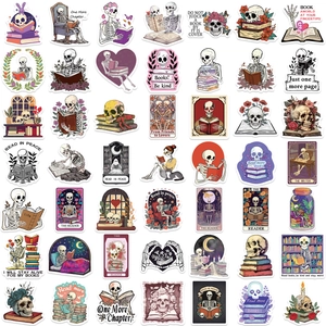 50pcs dark gothic skeleton reading book stickers, waterproof PVC decals for DIY laptop