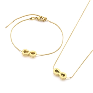 Golden infinity symbol jewelry set featuring adjustable snake chain necklace and bracelet