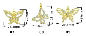 Detailed size measurement for zircon butterfly pendants with specific width and height metrics