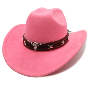 Close-up of pink suede cowboy hat with brown leather band and silver bull head ornament
