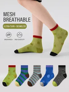 Five pairs of ultra-thin breathable mesh socks for children with stripes and polka dots