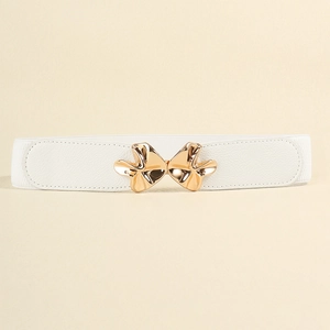 Close-up of a white elastic wide belt with a gold metal bow buckle and PU leather ends